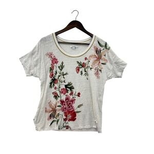 Chico's Floral Linen Top Women Size 1 M White Pink Gold Trim Good Short Sleeve
